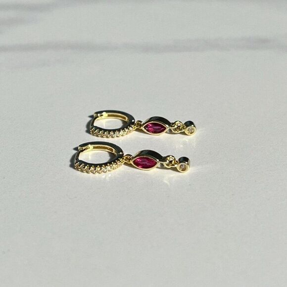 New! “Elaine” Dainty Magenta Drop Hoop Earrings - Picture 3 of 3